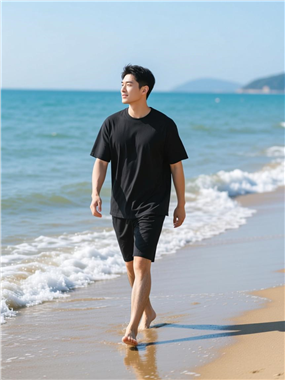 光着脚丫子海边沙滩漫步的帅哥图片